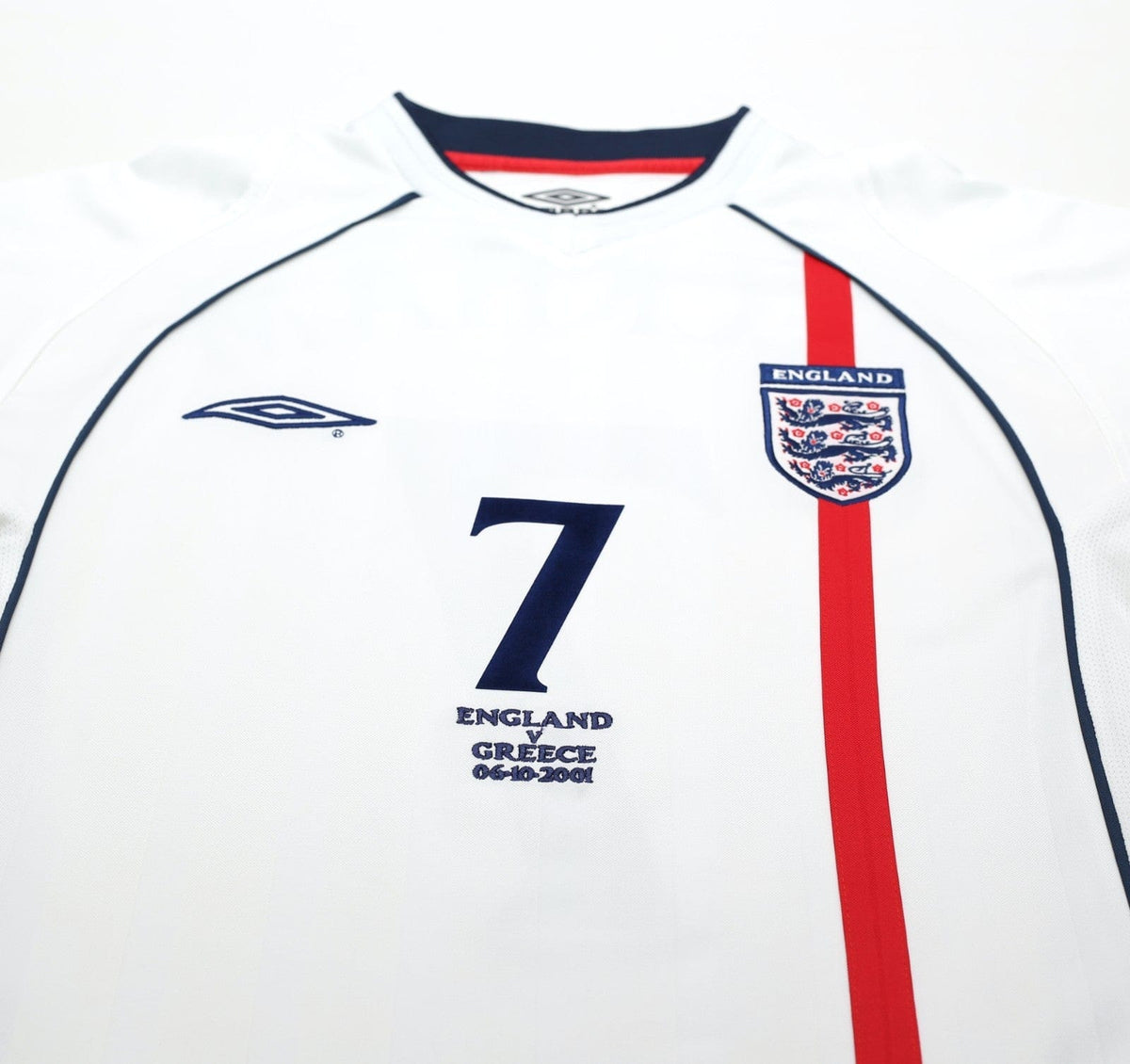 2001/03 BECKHAM #7 England Vintage Umbro Home Greece Football Shirt (S) WC 2002