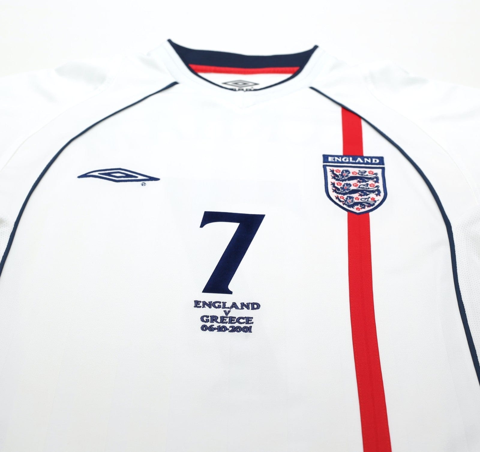 2001/03 BECKHAM #7 England Vintage Umbro Home Greece Football Shirt (S) WC 2002