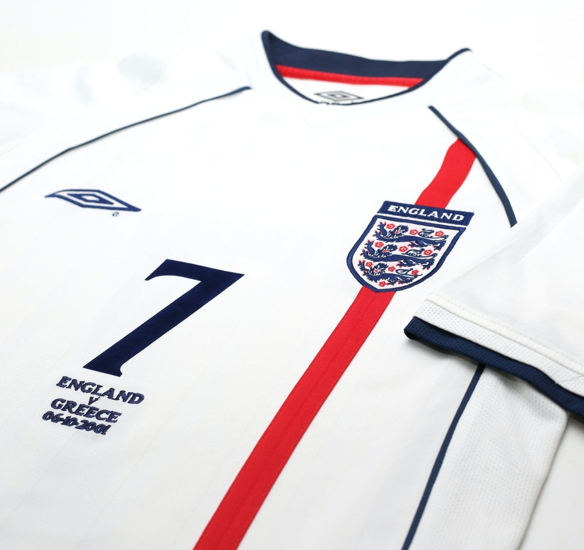 2001/03 BECKHAM #7 England Vintage Umbro Home Greece Football Shirt (S) WC 2002