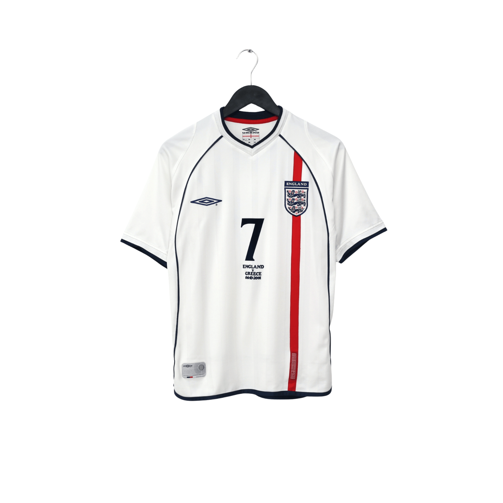 2001/03 Beckham #7 England Vintage Umbro Home Greece Football Shirt (S) WC 2002