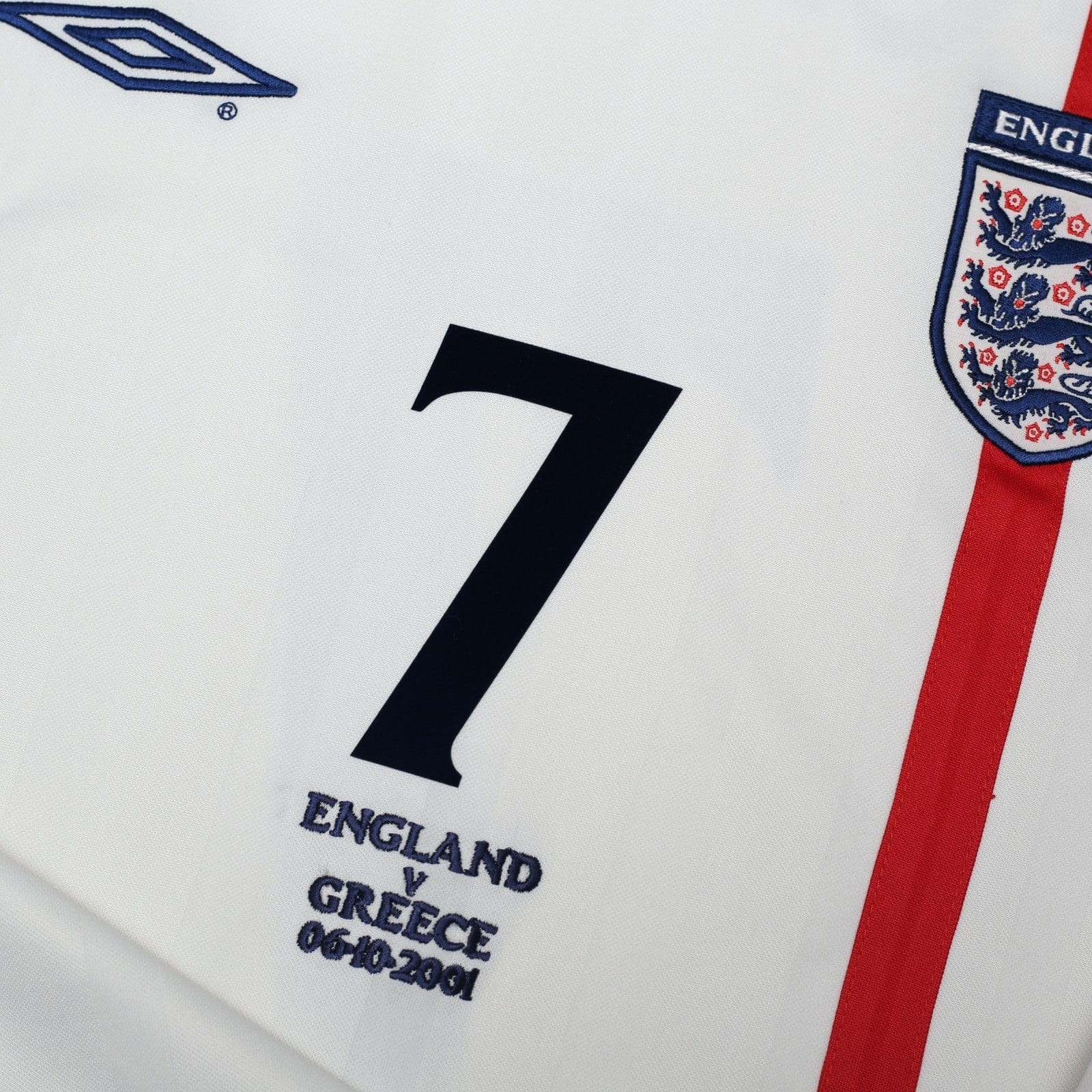 2001/03 Beckham #7 England Vintage Umbro Home Greece Football Shirt (S) WC 2002