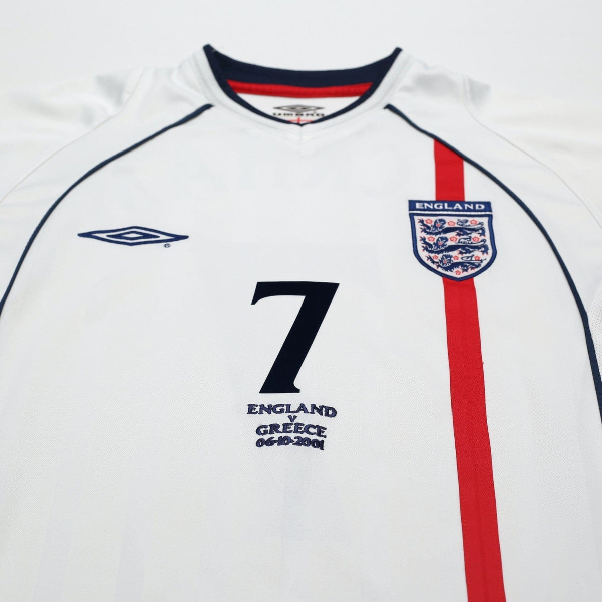2001/03 Beckham #7 England Vintage Umbro Home Greece Football Shirt (S) WC 2002