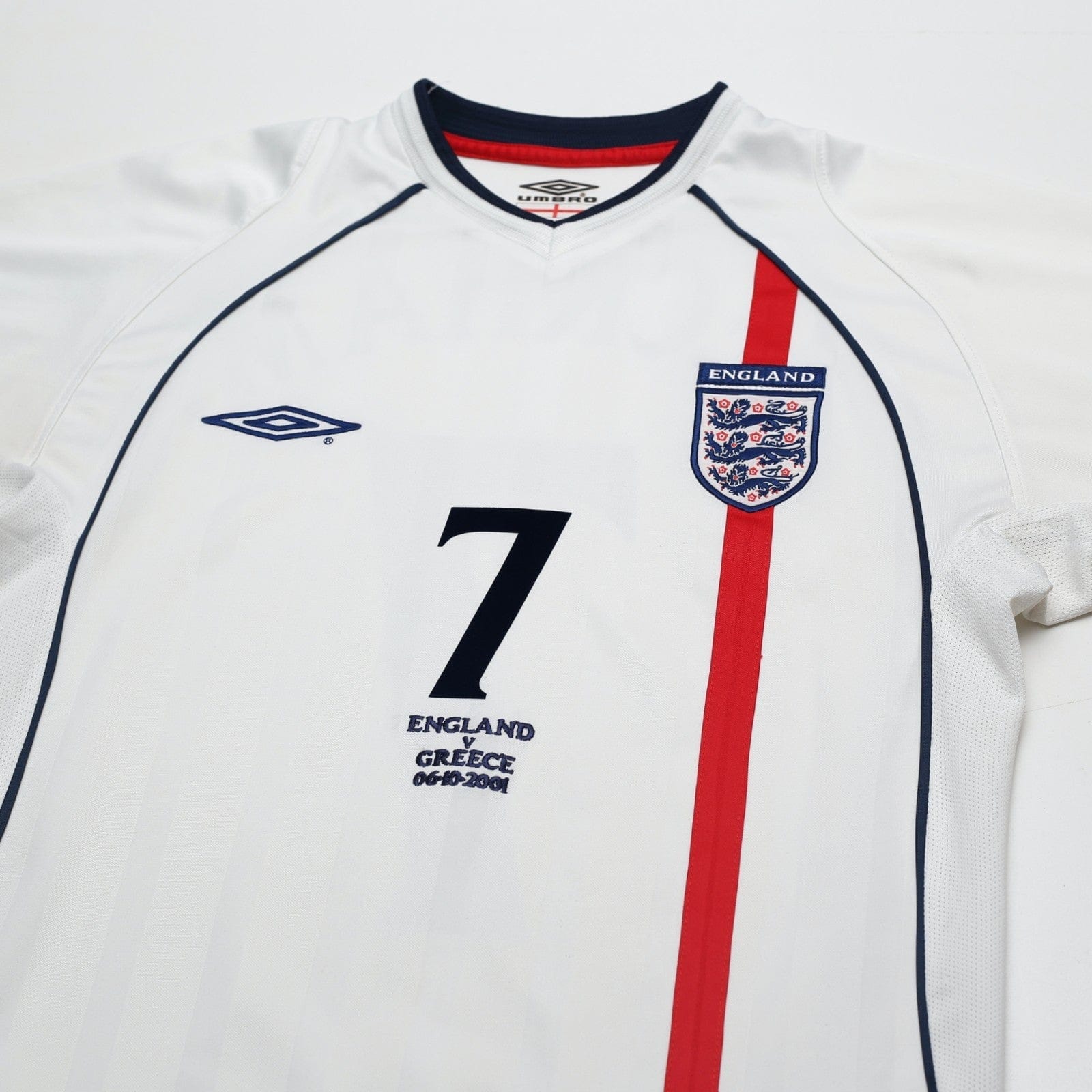 2001/03 Beckham #7 England Vintage Umbro Home Greece Football Shirt (S) WC 2002