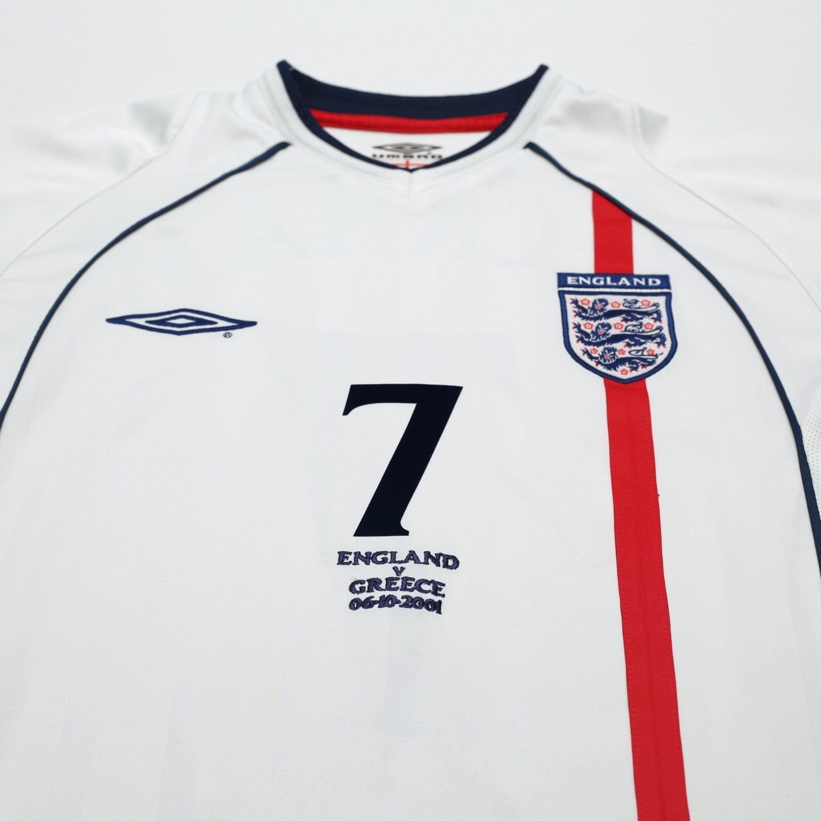 2001/03 Beckham #7 England Vintage Umbro Home Greece Football Shirt (S) WC 2002