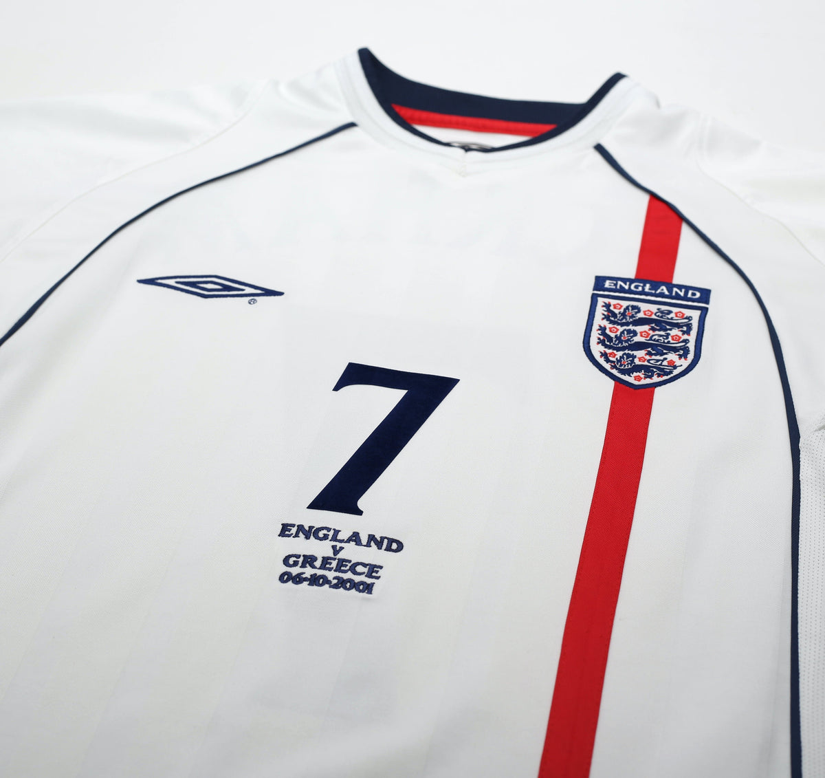 2001/03 BECKHAM #7 England Vintage Umbro Home Greece Football Shirt (S) WC 2002