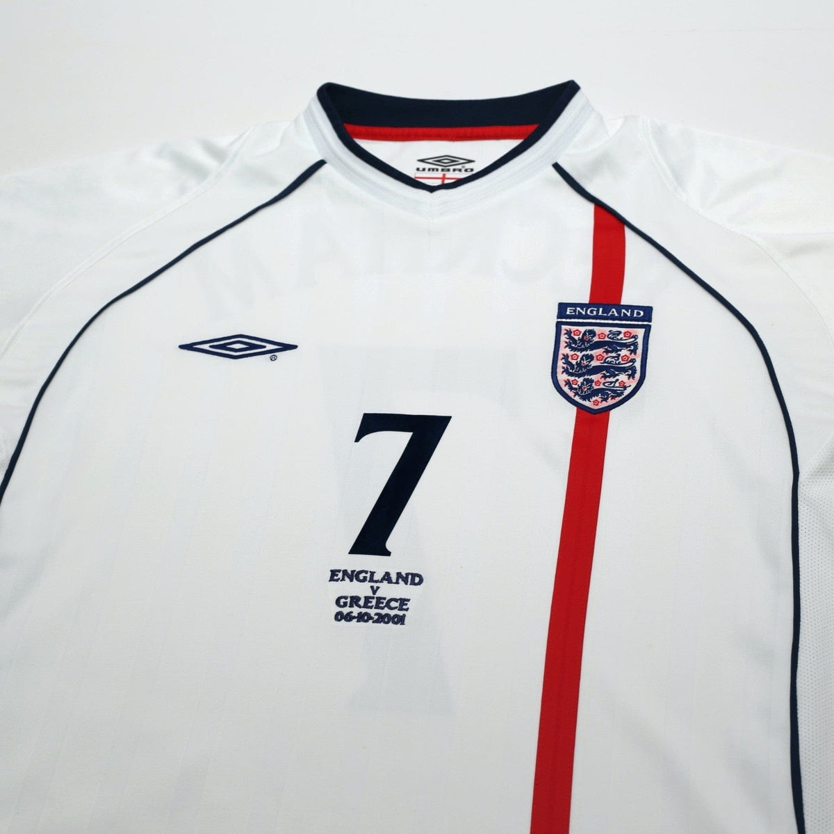 2001/03 Beckham #7 England Vintage Umbro Home Greece Football Shirt (XL)