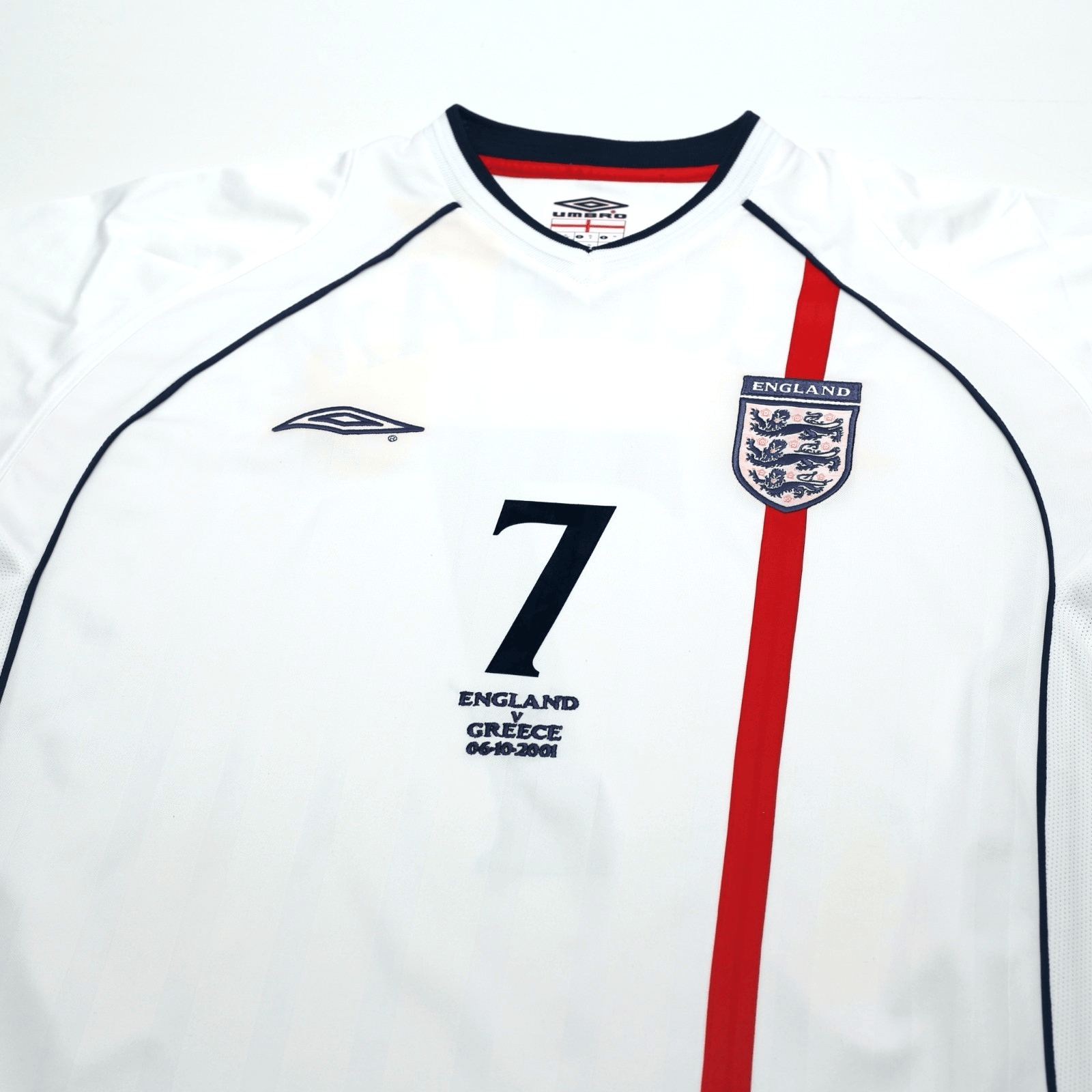 2001/03 Beckham #7 England Vintage Umbro Home Greece Football Shirt (XL)