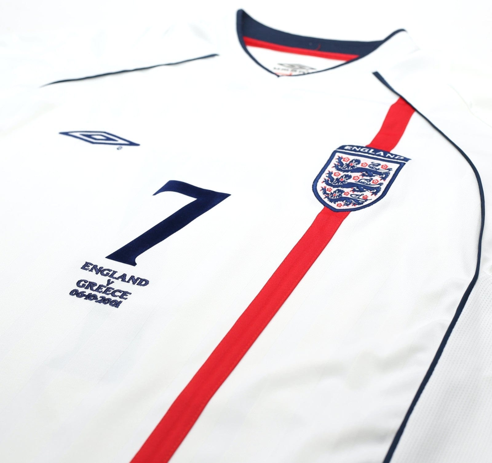 2001/03 BECKHAM #7 England Vintage Umbro Home Greece Football Shirt (XL) 2002