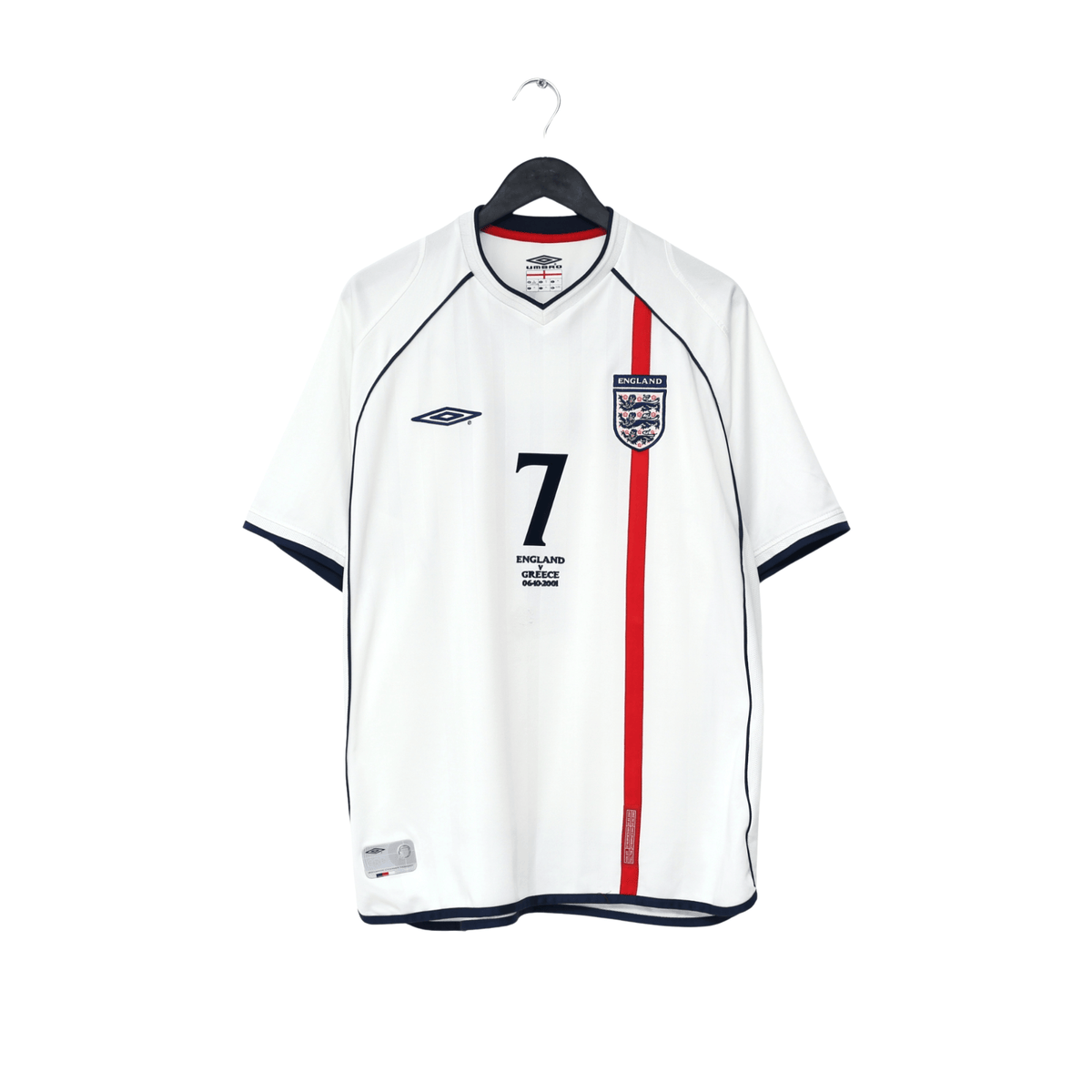 2001/03 Beckham #7 England Vintage Umbro Home Greece Football Shirt (XL) 2002 WC
