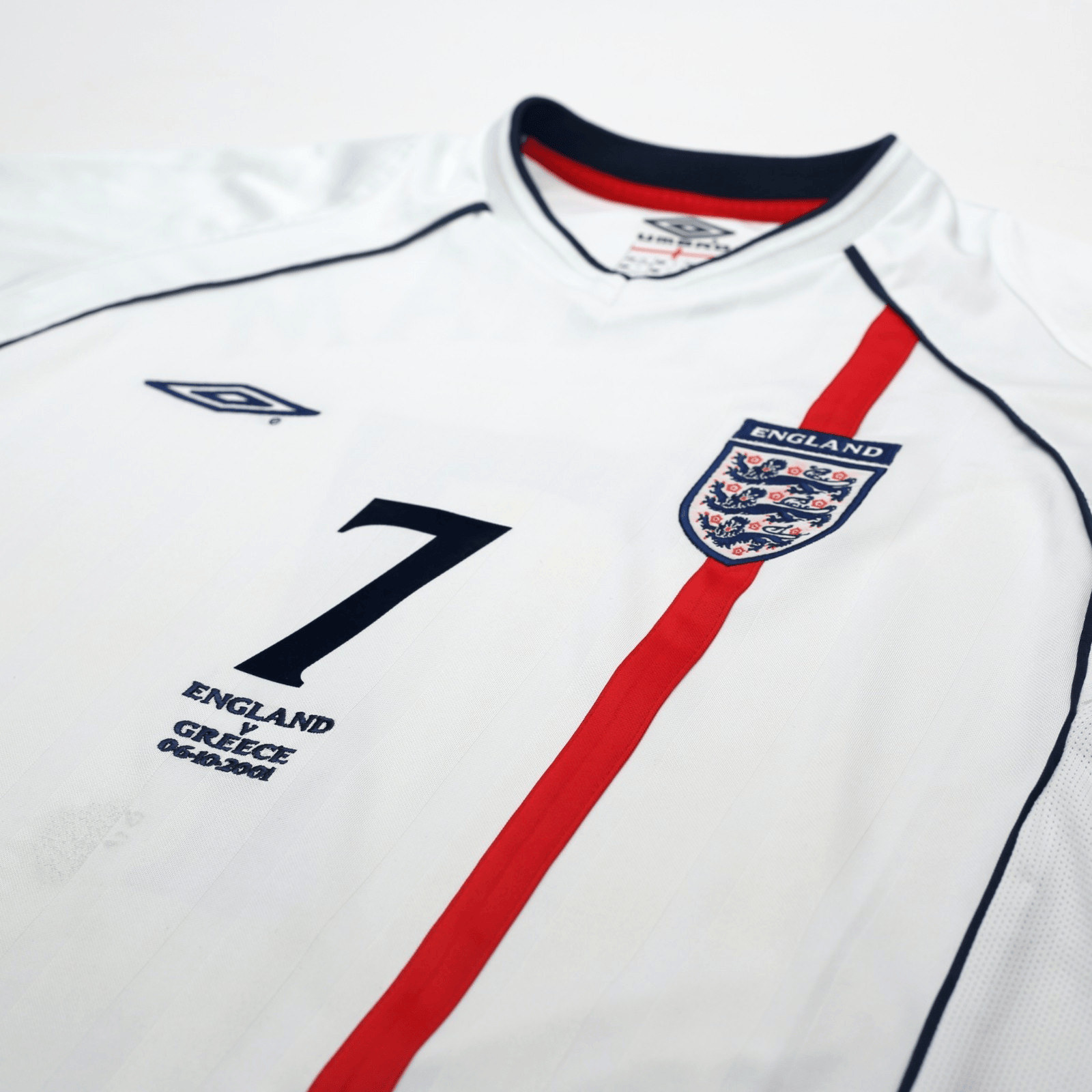 2001/03 Beckham #7 England Vintage Umbro Home Greece Football Shirt (XL) 2002 WC