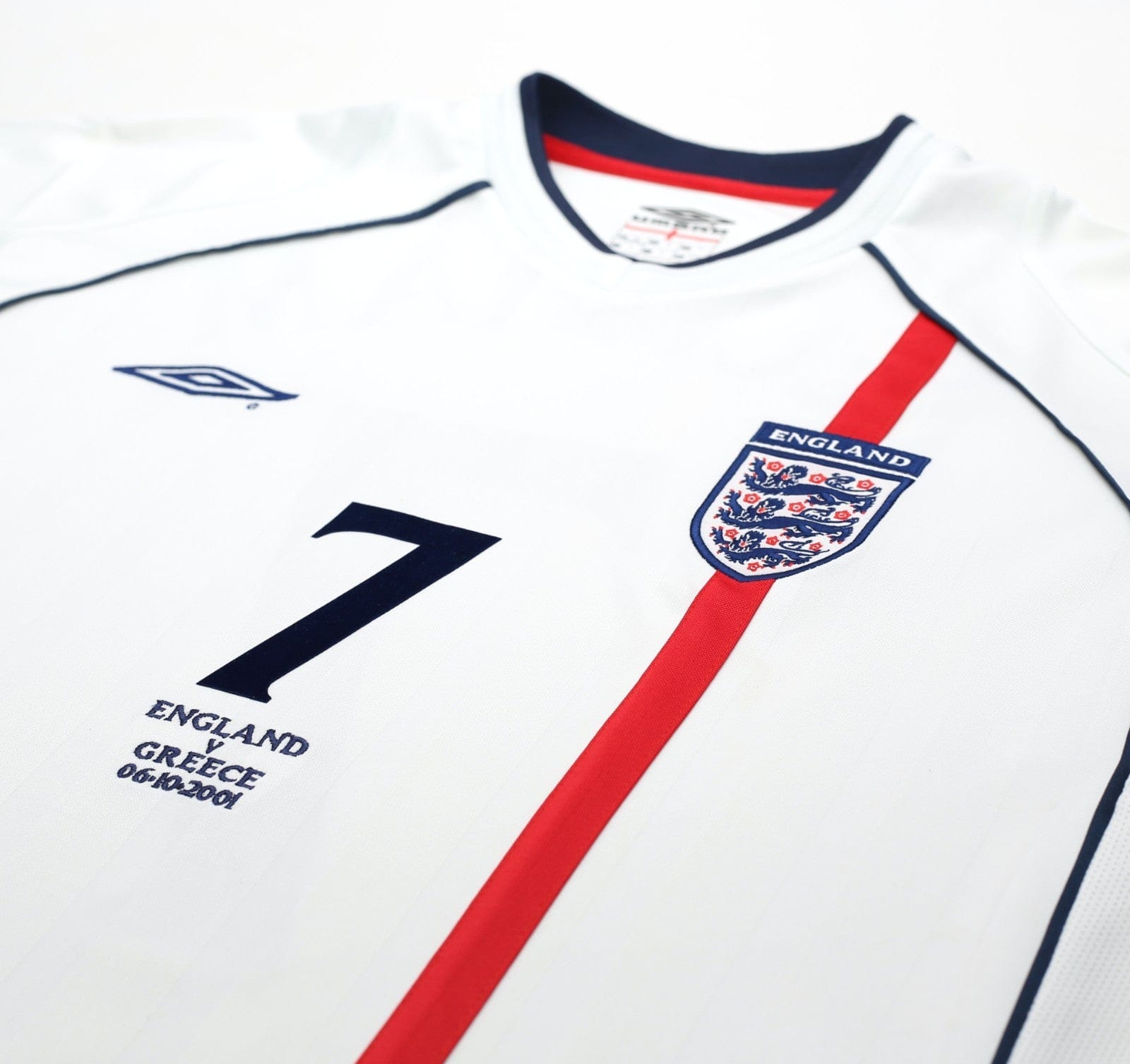 2001/03 BECKHAM #7 England Vintage Umbro Home Greece Football Shirt (XL) WC 2002