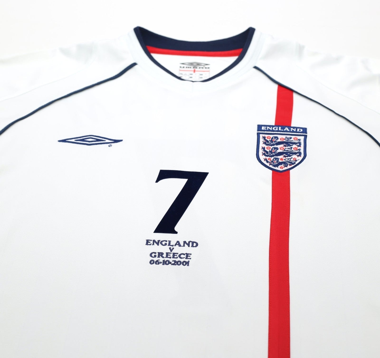 2001/03 BECKHAM #7 England Vintage Umbro Home Greece Football Shirt (XL) WC 2002