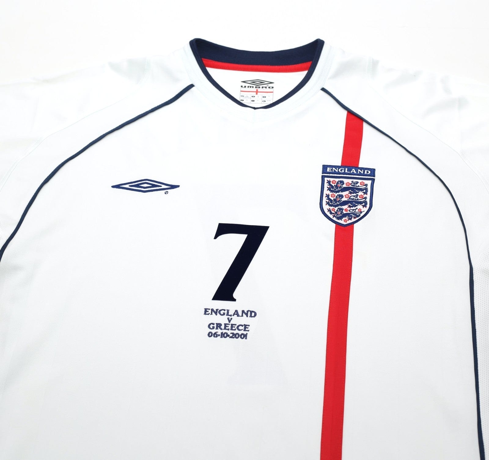 2001/03 BECKHAM #7 England Vintage Umbro Home Greece Football Shirt (XL) WC 2002