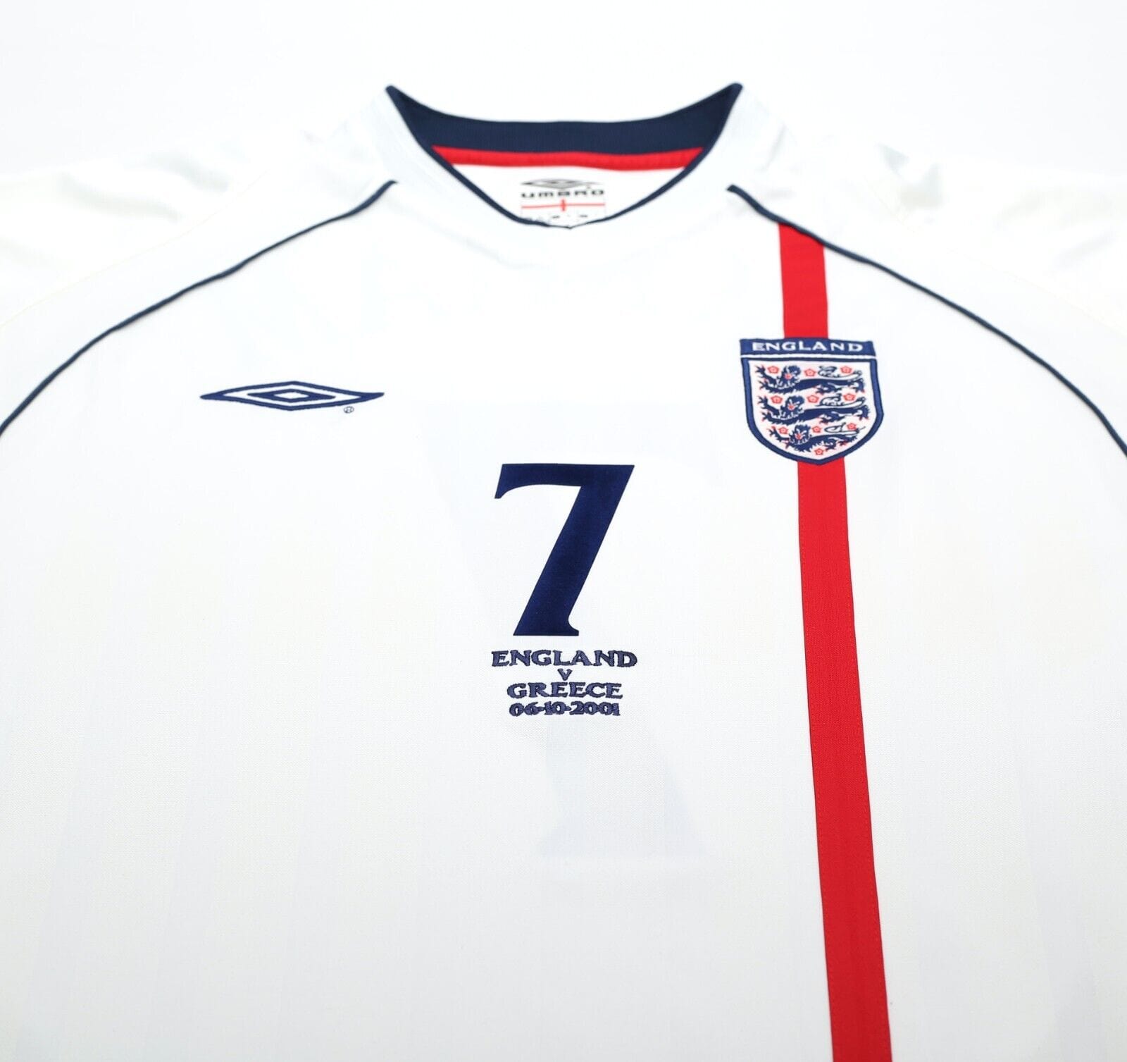 2001/03 BECKHAM #7 England Vintage Umbro Home Greece Football Shirt (XL) WC 2002