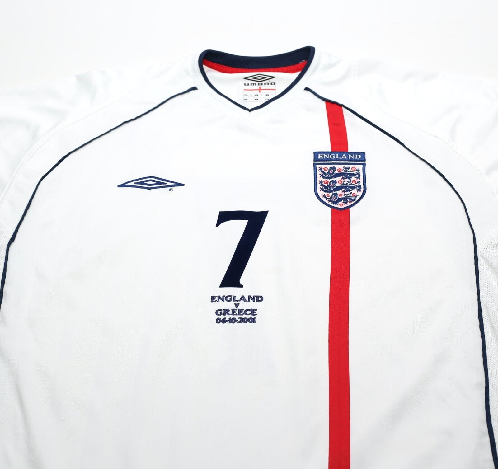 2001/03 BECKHAM #7 England Vintage Umbro Home Greece Football Shirt XXL WC 2002