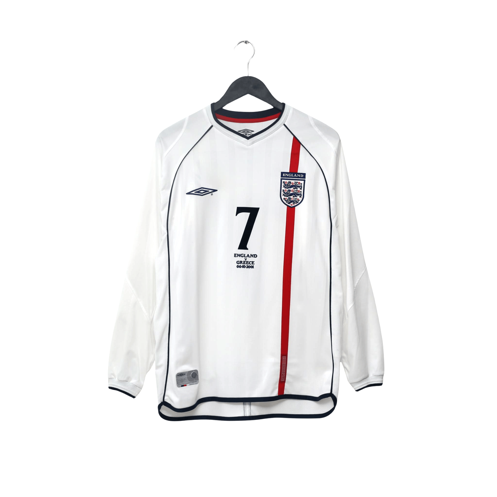2001/03 Beckham #7 England Vintage Umbro Home L/S Greece Football Shirt (M)