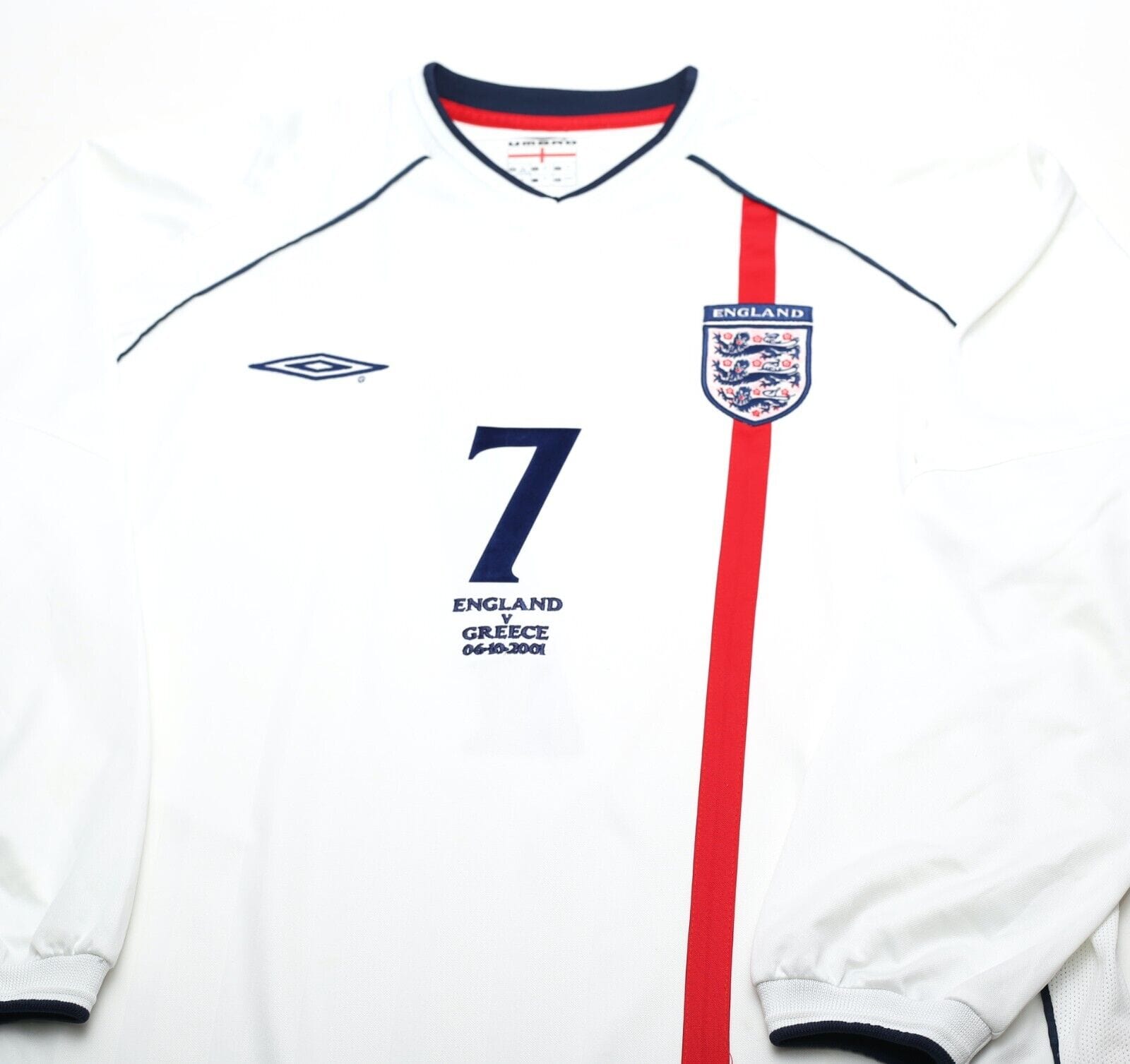 2001/03 BECKHAM #7 England Vintage Umbro Home L/S Greece Football Shirt (XL)