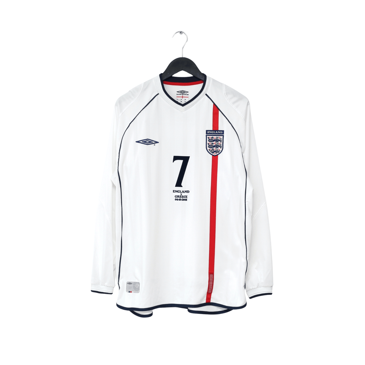 2001/03 Beckham #7 England Vintage Umbro L/S Home Greece Football Shirt (L)