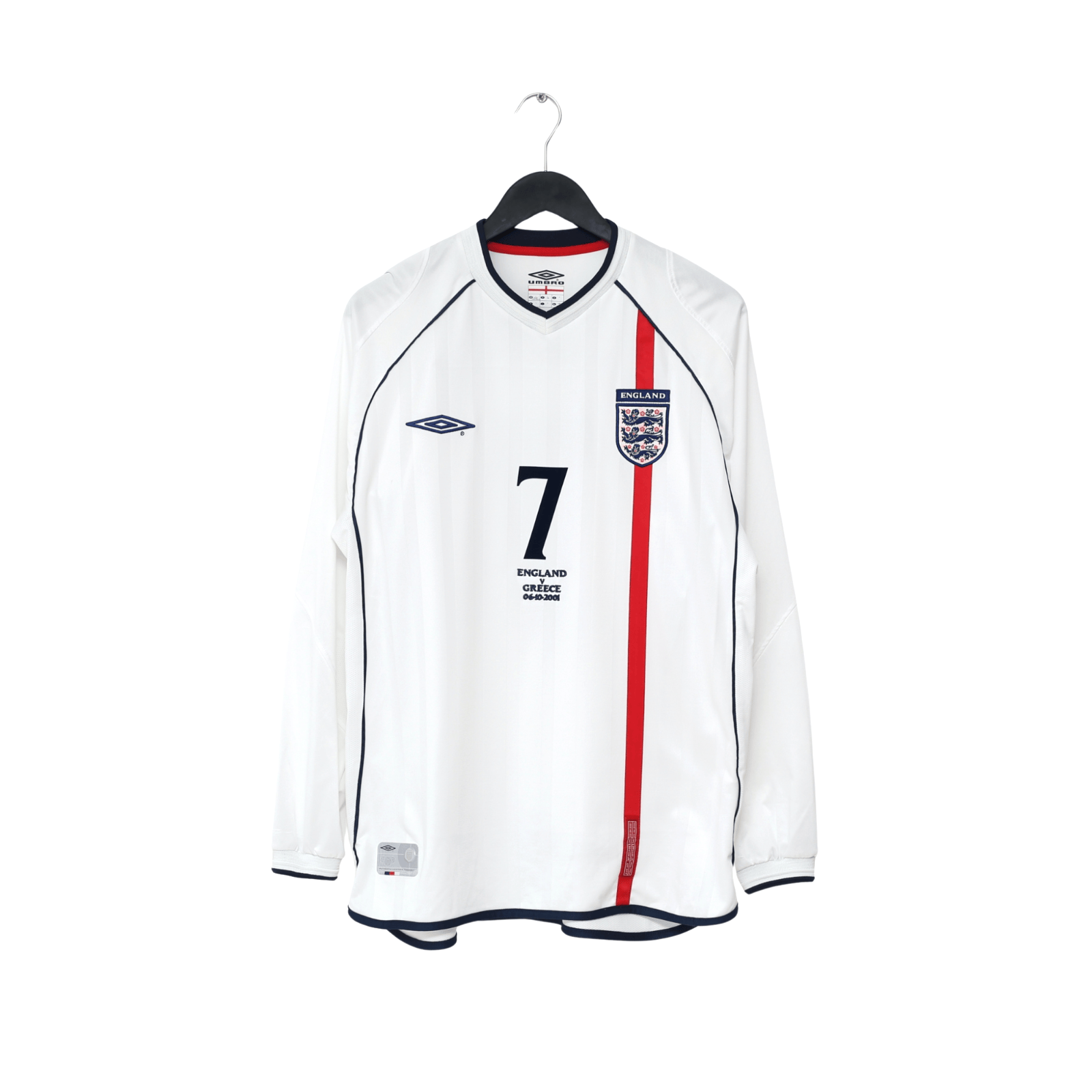 2001/03 Beckham #7 England Vintage Umbro L/S Home Greece Football Shirt (L)
