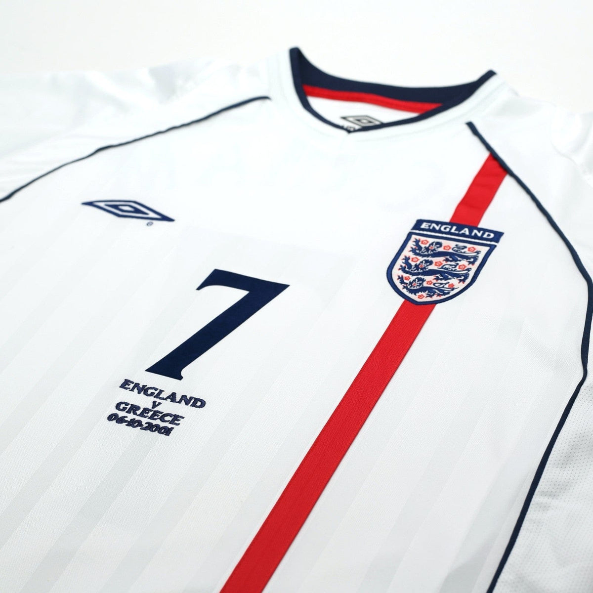 2001/03 Beckham #7 England Vintage Umbro L/S Home Greece Football Shirt (L)