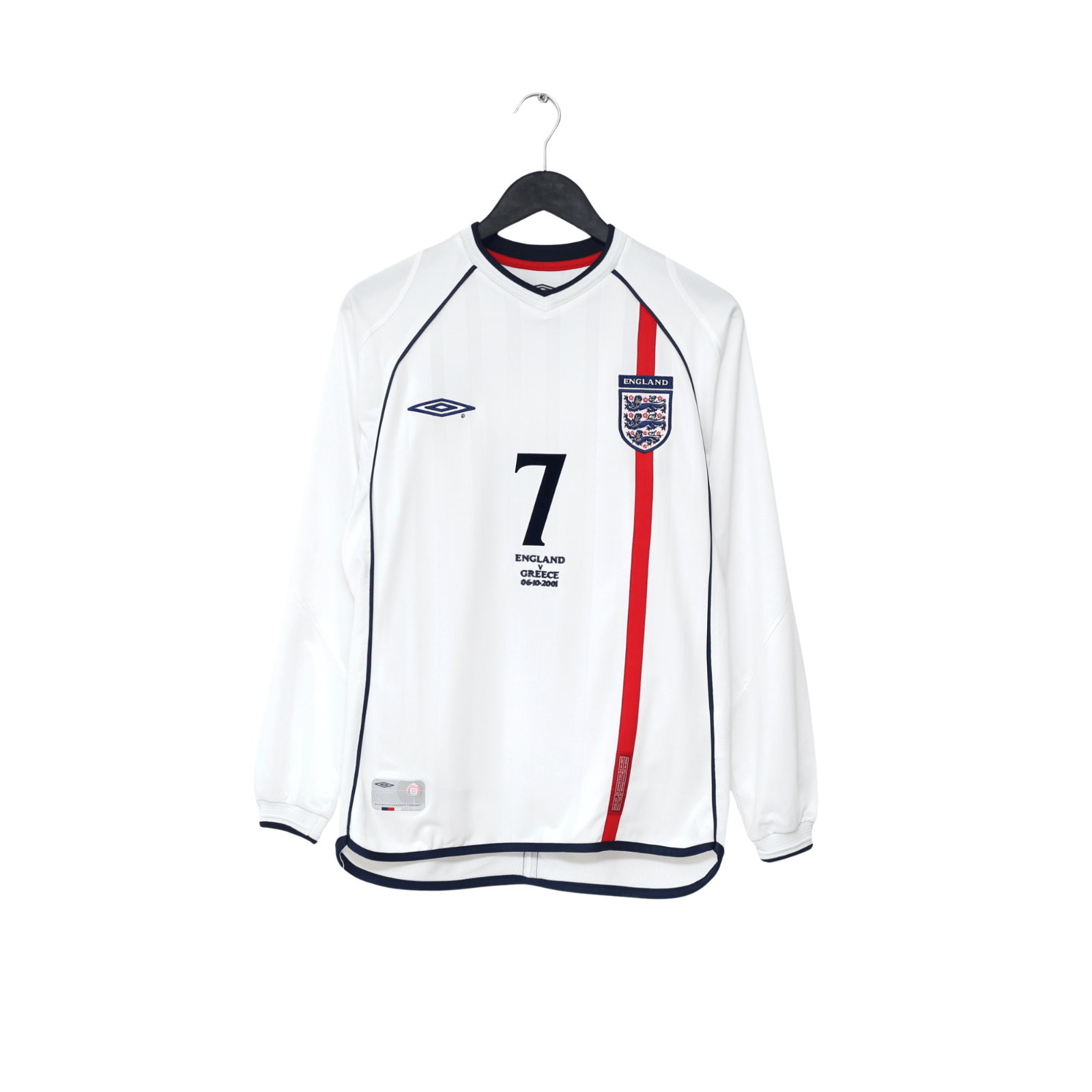 2001/03 Beckham #7 England Vintage Umbro L/S Home Greece Football Shirt (S)