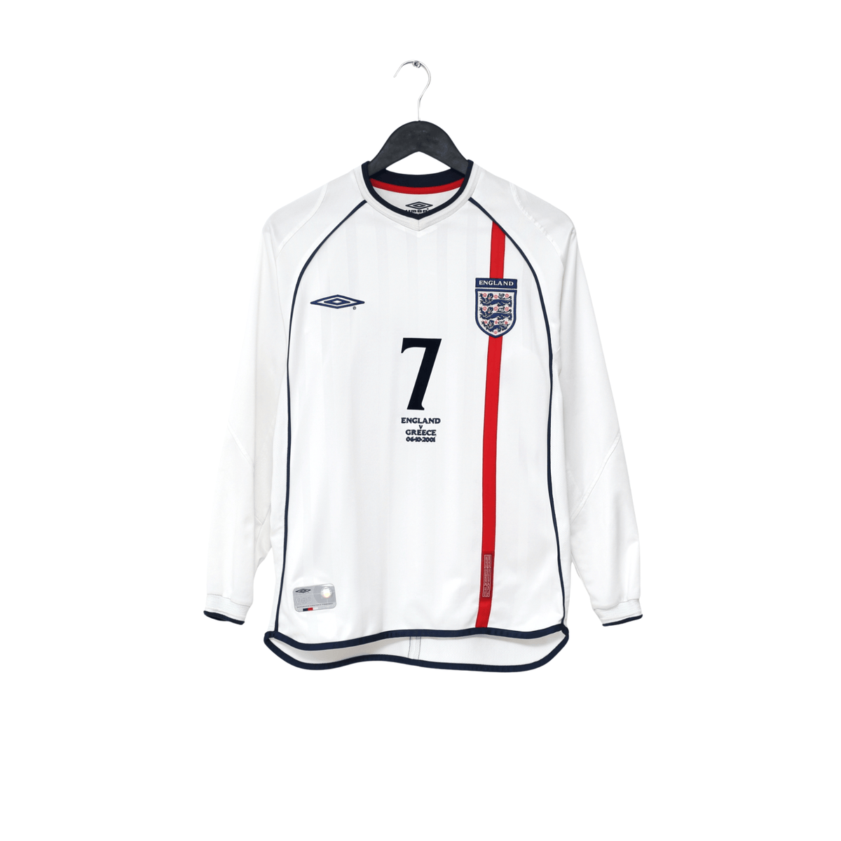 2001/03 Beckham #7 England Vintage Umbro L/S Home Greece Football Shirt (S)