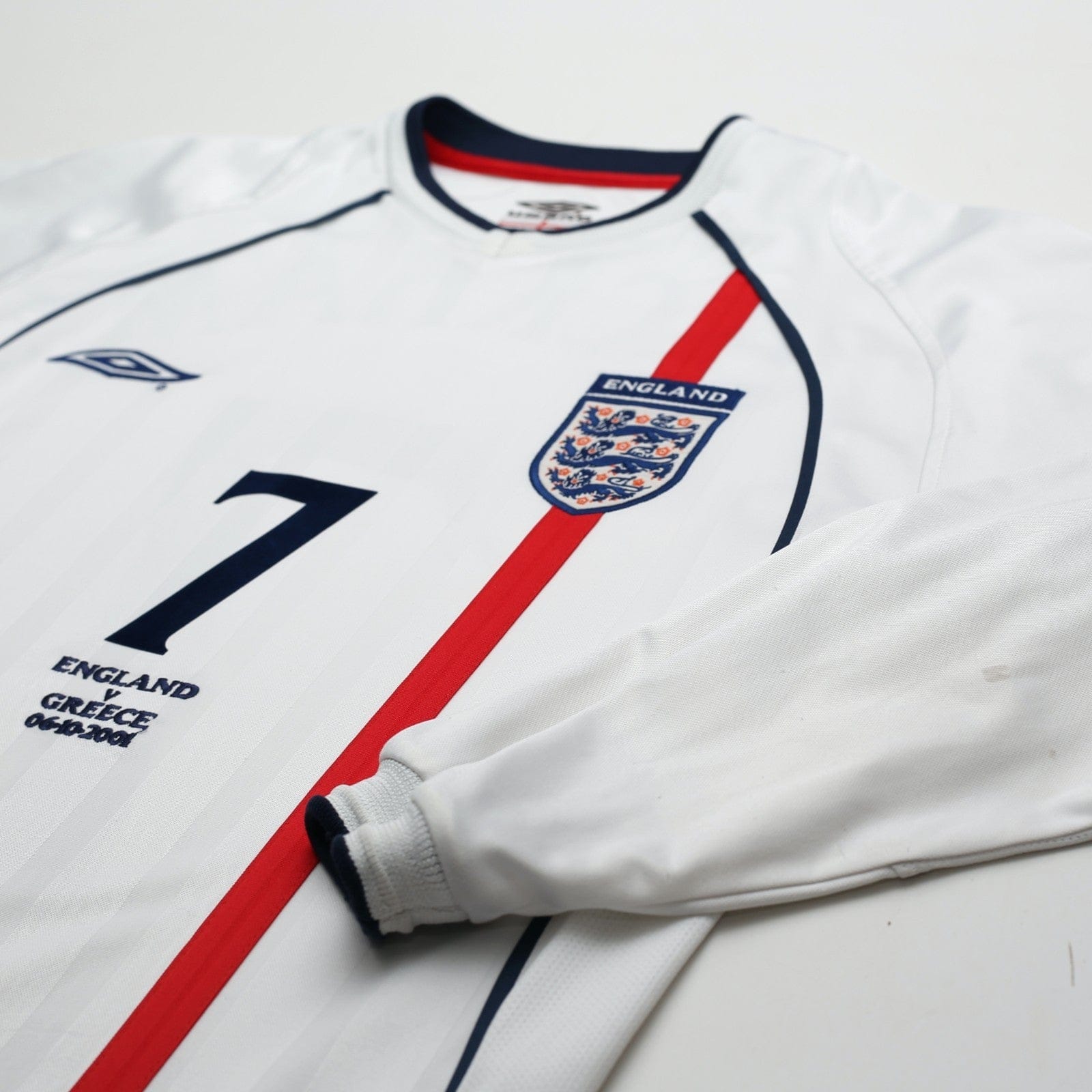 2001/03 Beckham #7 England Vintage Umbro L/S Home Greece Football Shirt (S)
