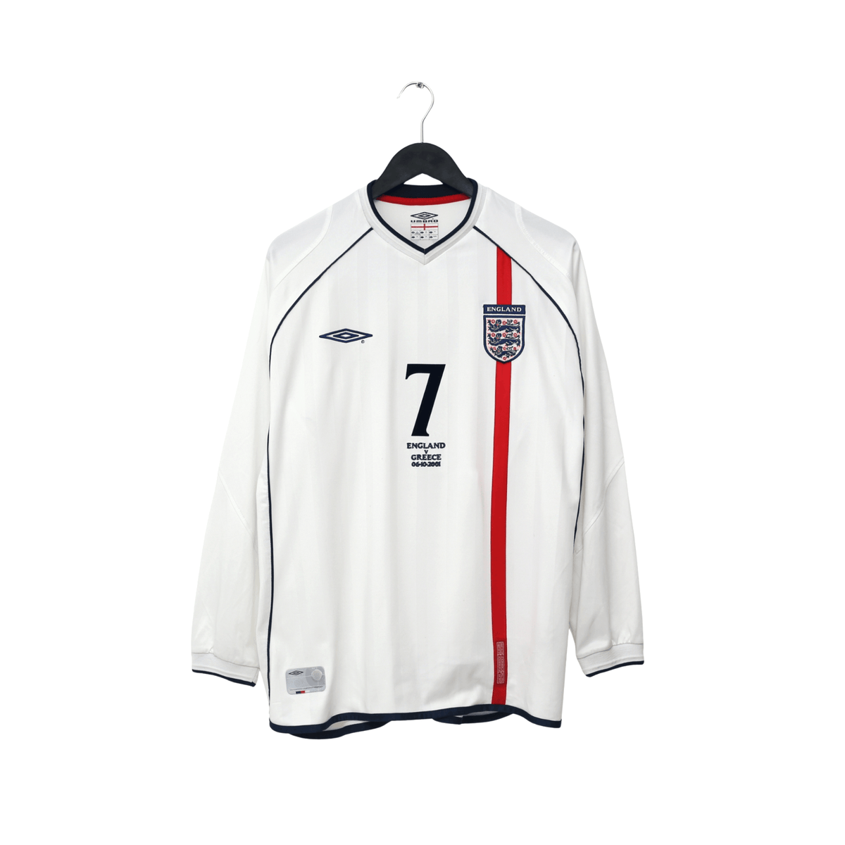 2001/03 Beckham #7 England Vintage Umbro L/S Home Greece Football Shirt (XL)