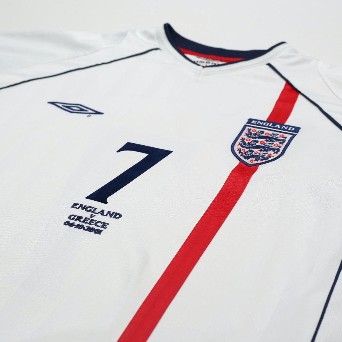 2001/03 Beckham #7 England Vintage Umbro L/S Home Greece Football Shirt (XL)