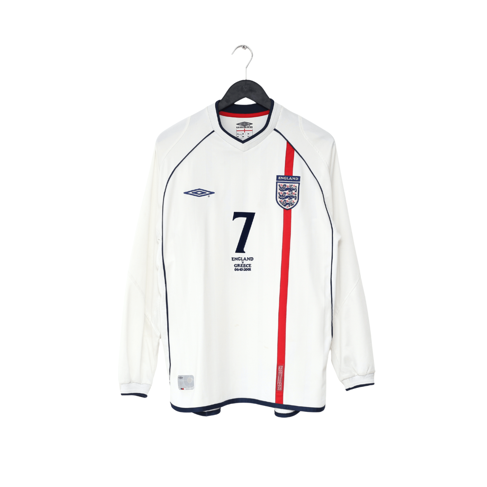 2001/03 BECKHAM #7 England Vintage Umbro LS Home Greece Football Shirt (L) 2002