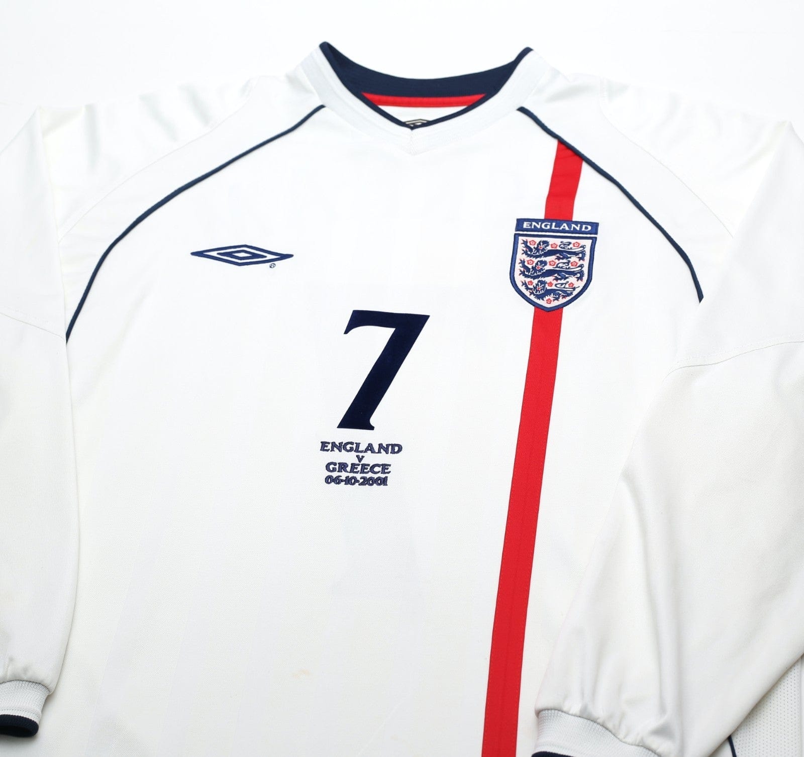 2001/03 BECKHAM #7 England Vintage Umbro LS Home Greece Football Shirt (L) 2002