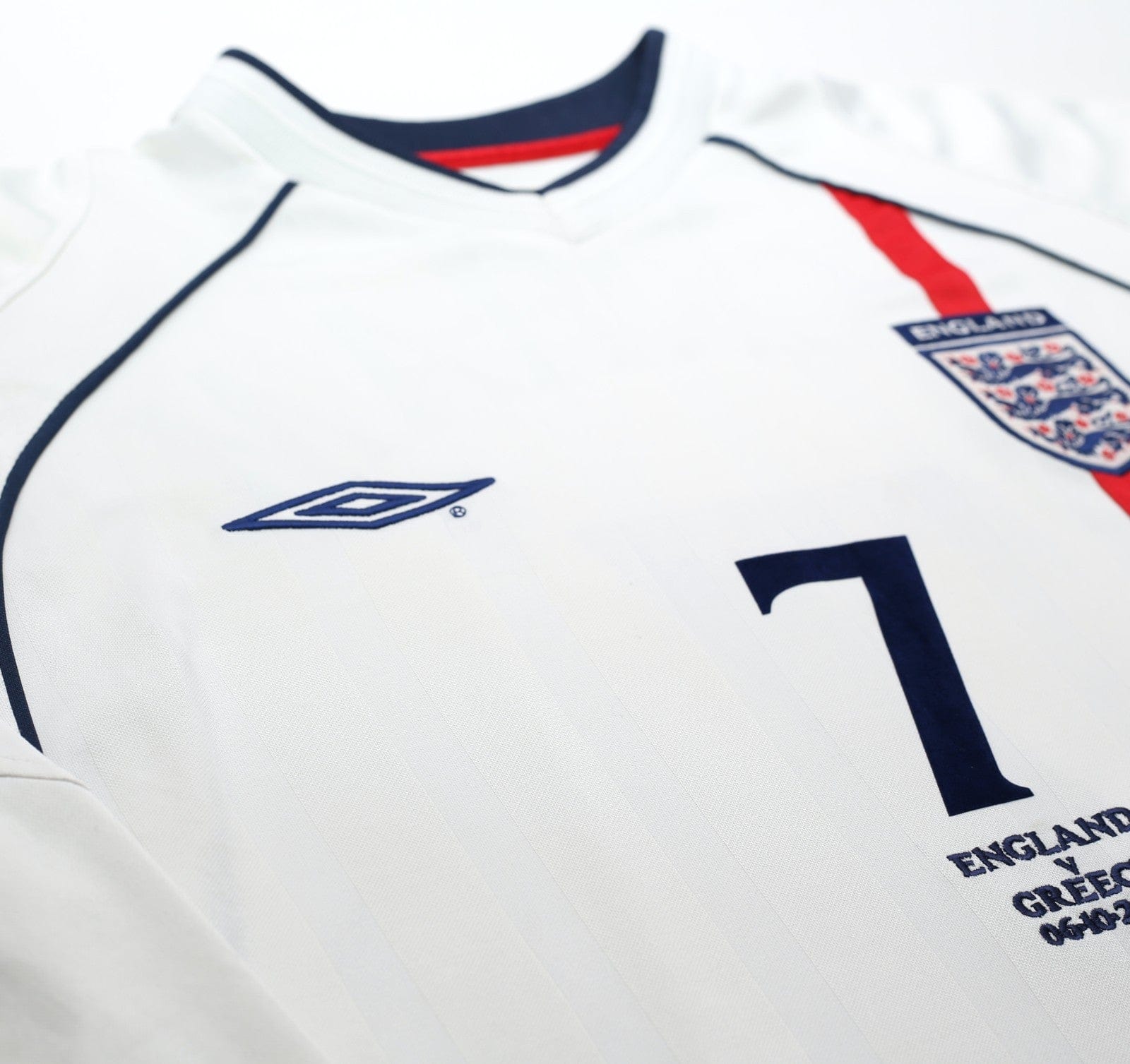 2001/03 BECKHAM #7 England Vintage Umbro LS Home Greece Football Shirt (L) 2002