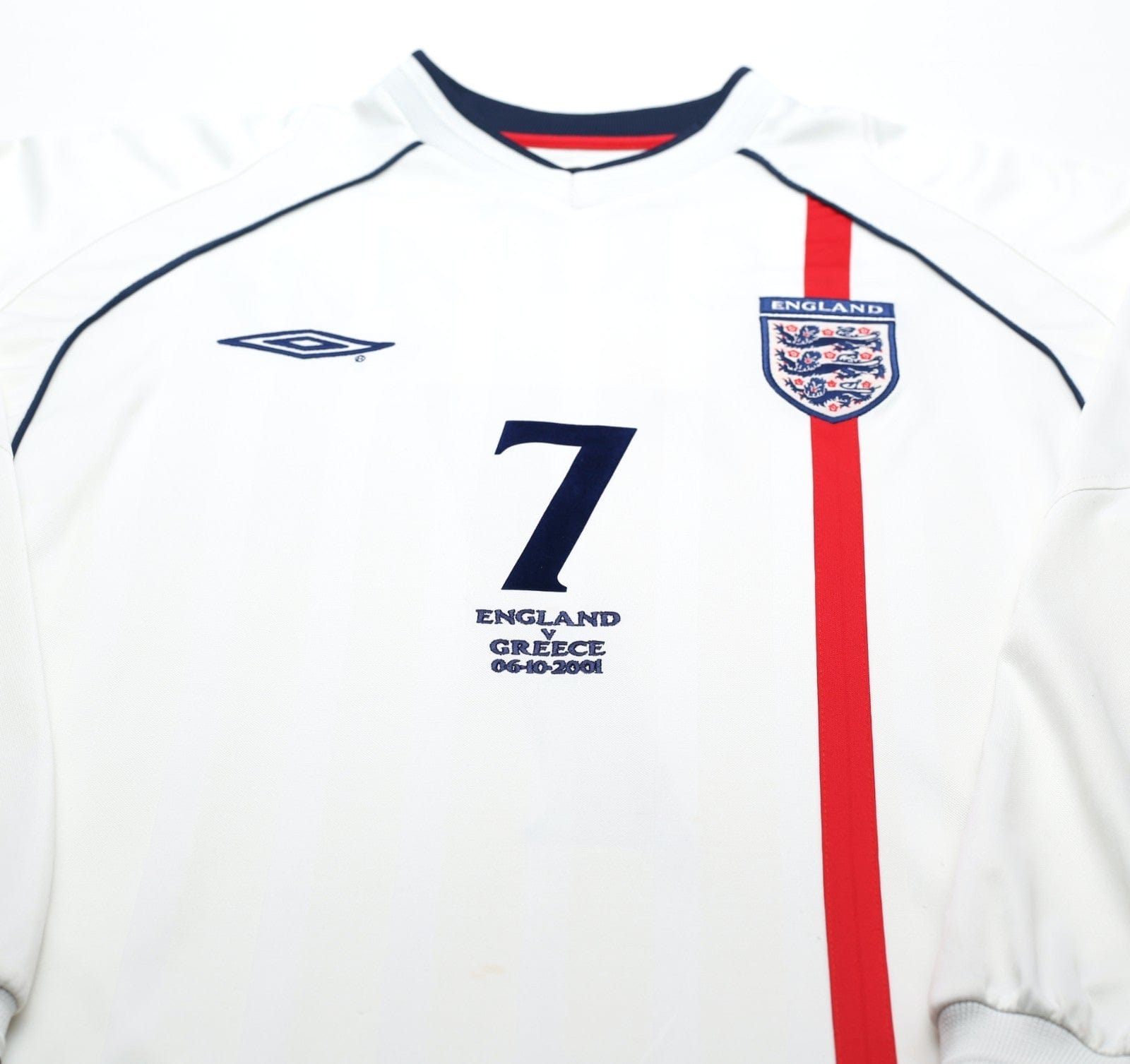 2001/03 BECKHAM #7 England Vintage Umbro LS Home Greece Football Shirt (L) 2002