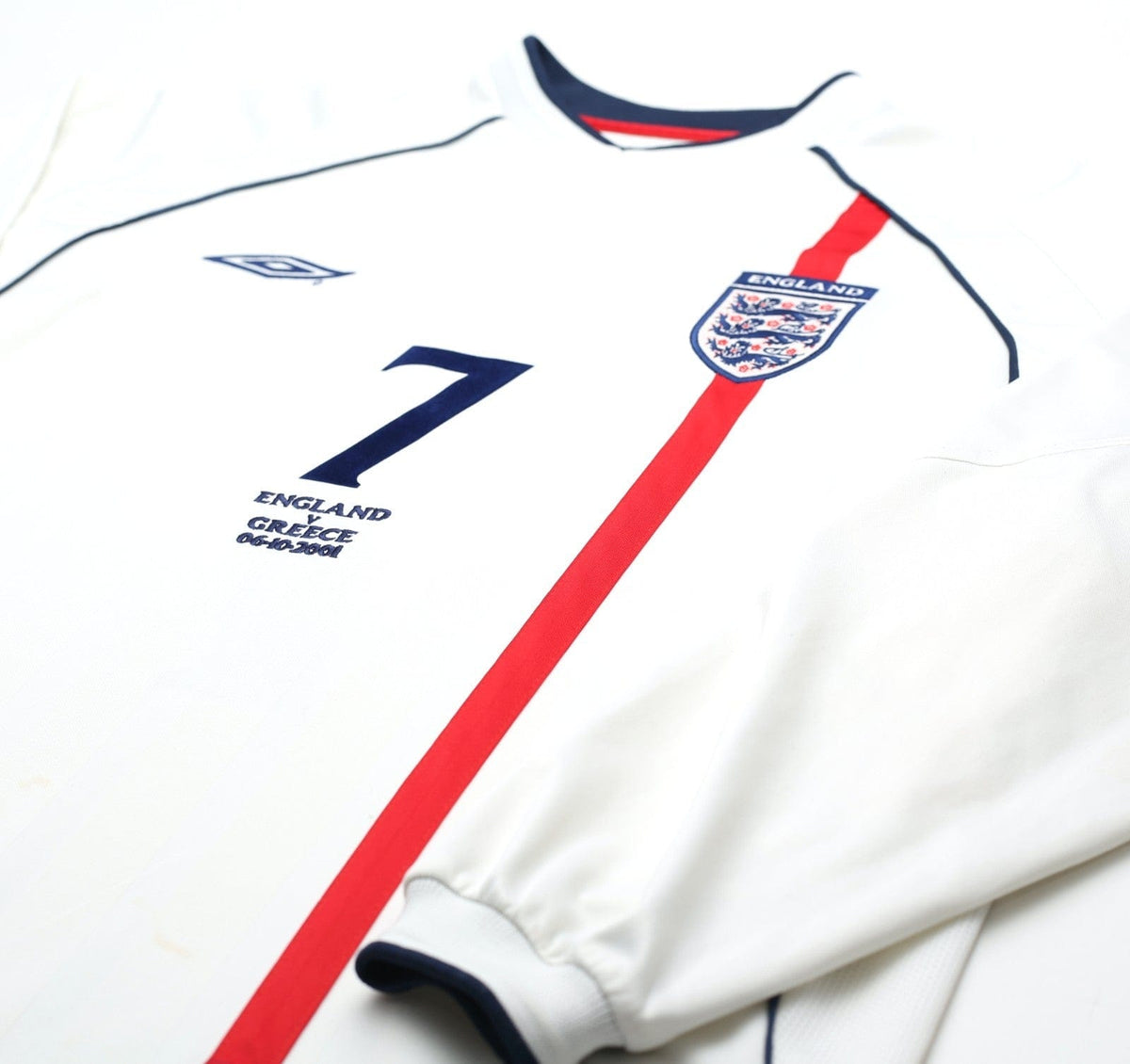 2001/03 BECKHAM #7 England Vintage Umbro LS Home Greece Football Shirt (L) 2002