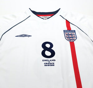 2001/03 SCHOLES #8 England Vintage Umbro Home Greece Football Shirt (L) WC 2002