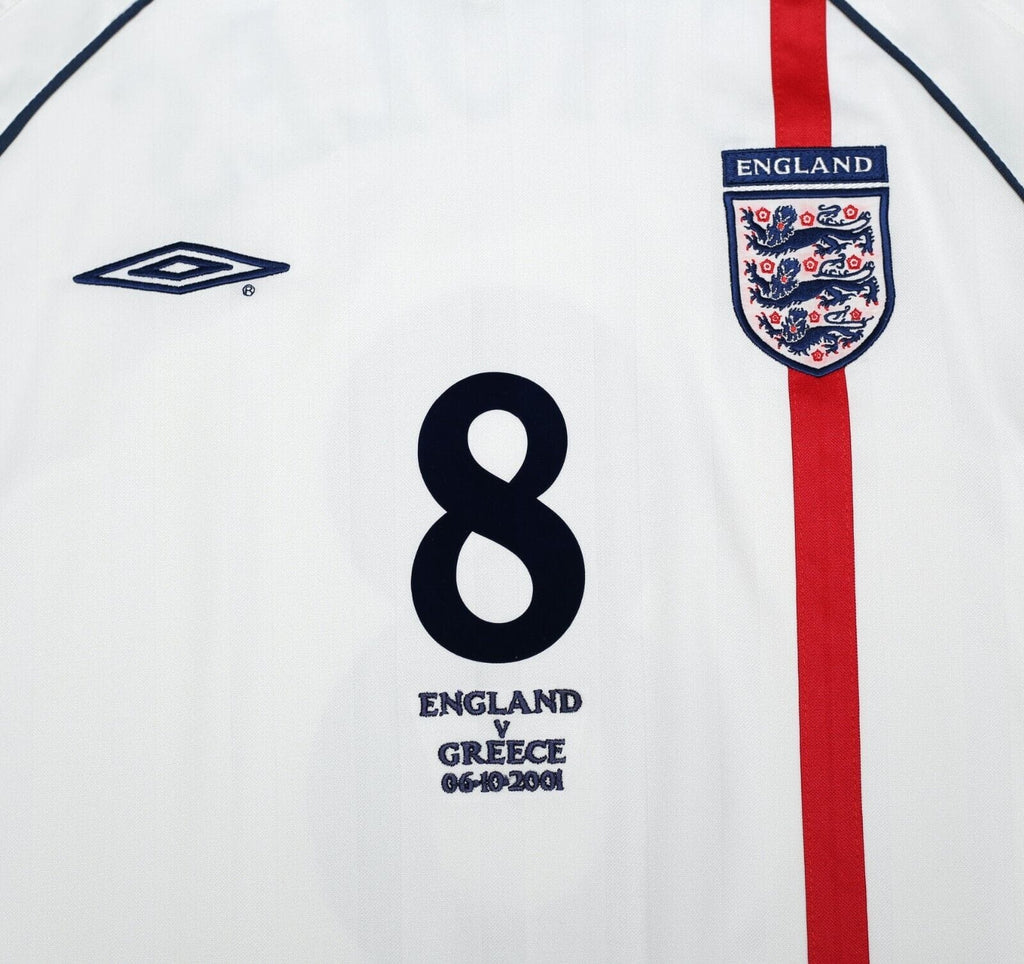 2001/03 SCHOLES #8 England Vintage Umbro Home Greece Football Shirt (L) WC 2002