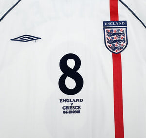 2001/03 SCHOLES #8 England Vintage Umbro Home Greece Football Shirt (L) WC 2002