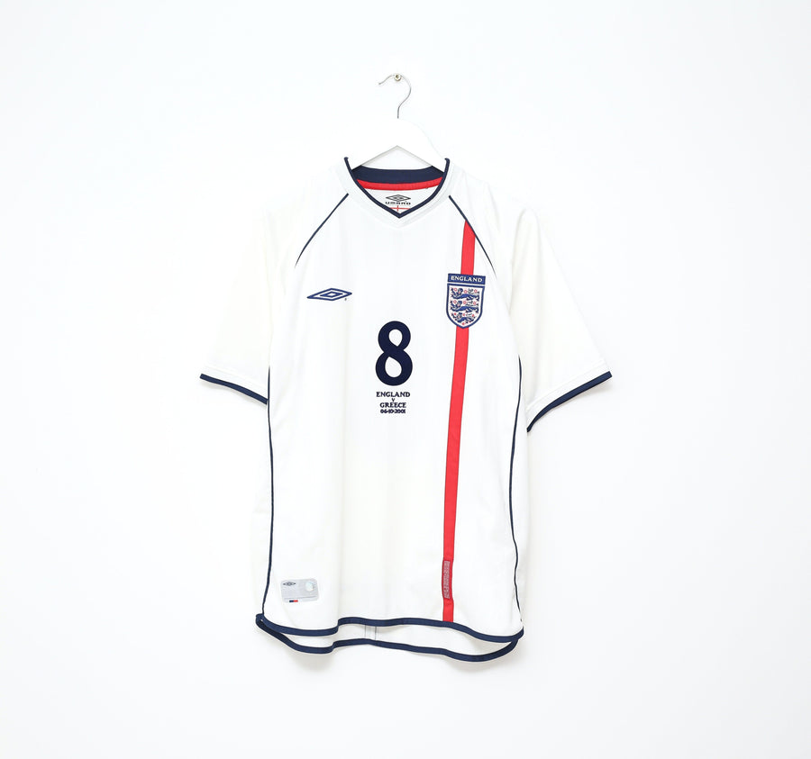 2001/03 SCHOLES #8 England Vintage Umbro Home Greece Football Shirt (L) WC 2002