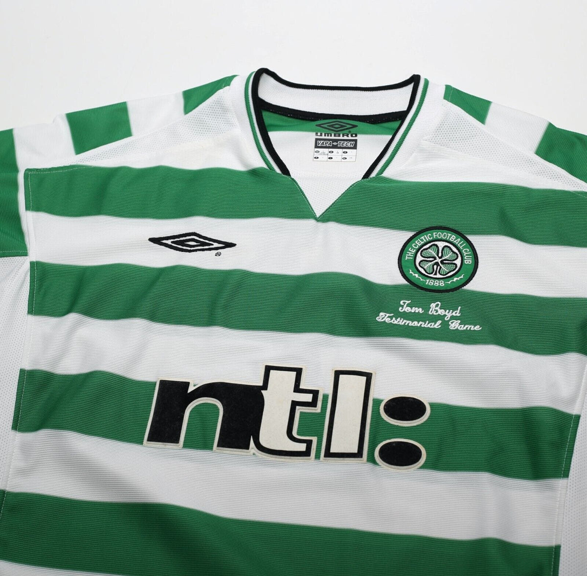2001 LARSSON #7 Celtic Umbro Home Football Shirt (L) TOM BOYD TESTIMONIAL