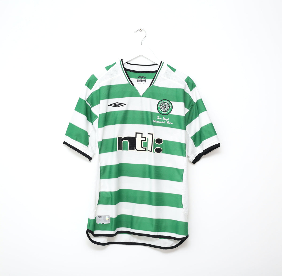 2001 LARSSON #7 Celtic Umbro Home Football Shirt (L) TOM BOYD TESTIMONIAL