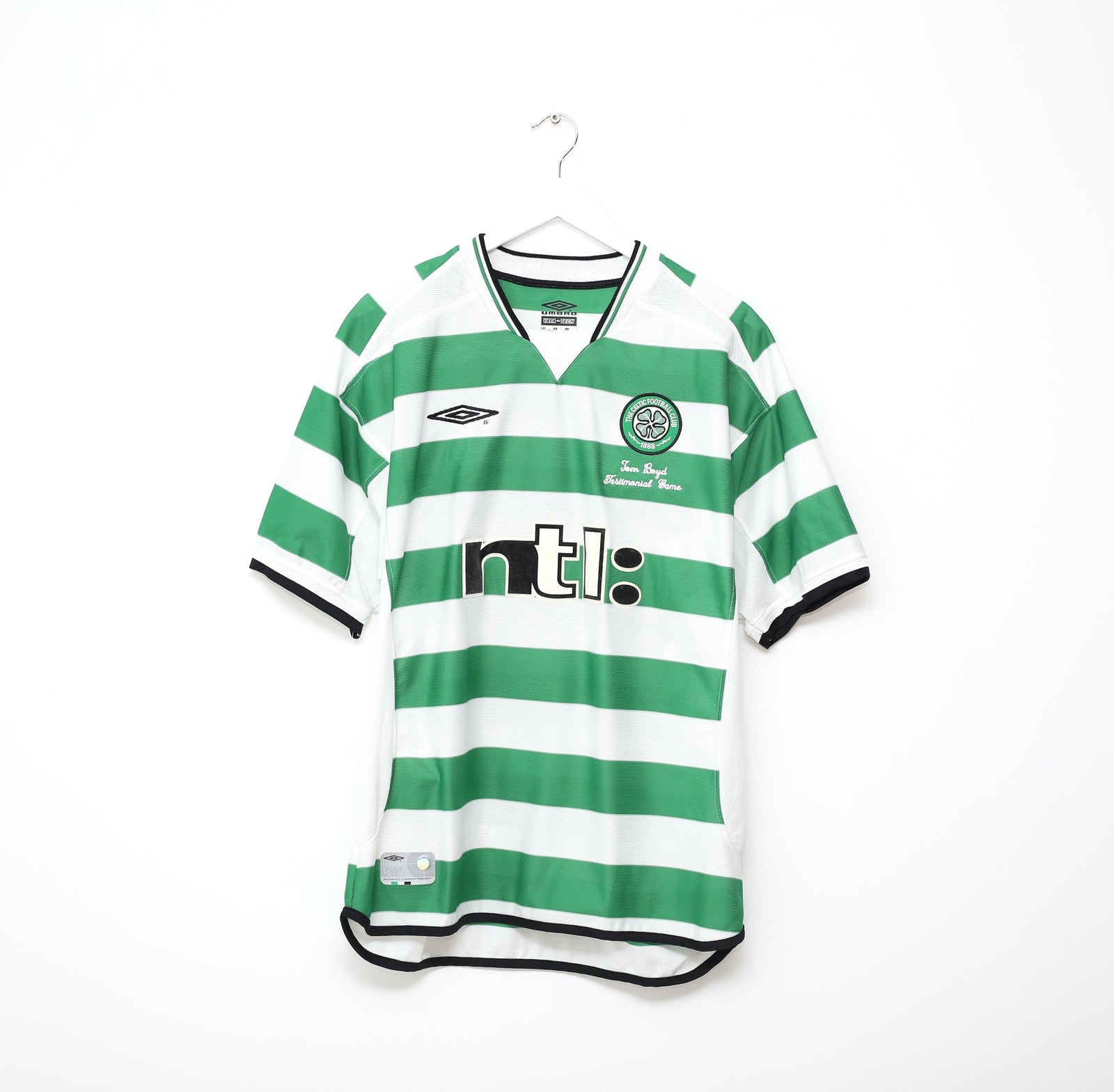 2001 LARSSON #7 Celtic Umbro Home Football Shirt (L) TOM BOYD TESTIMONIAL