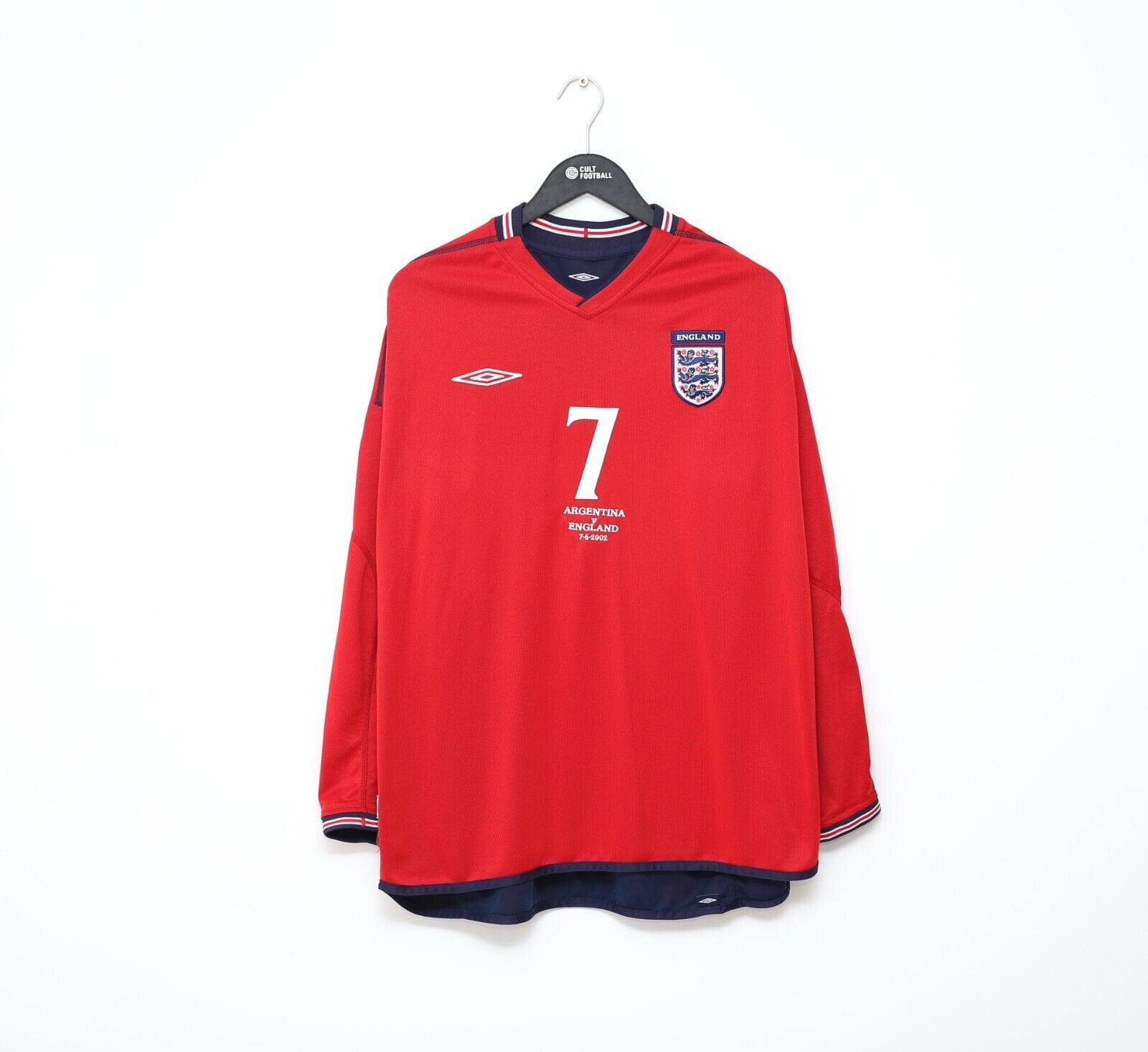2002 WC BECKHAM #7 England Vintage Umbro LS Away Football Shirt (XL) Argentina