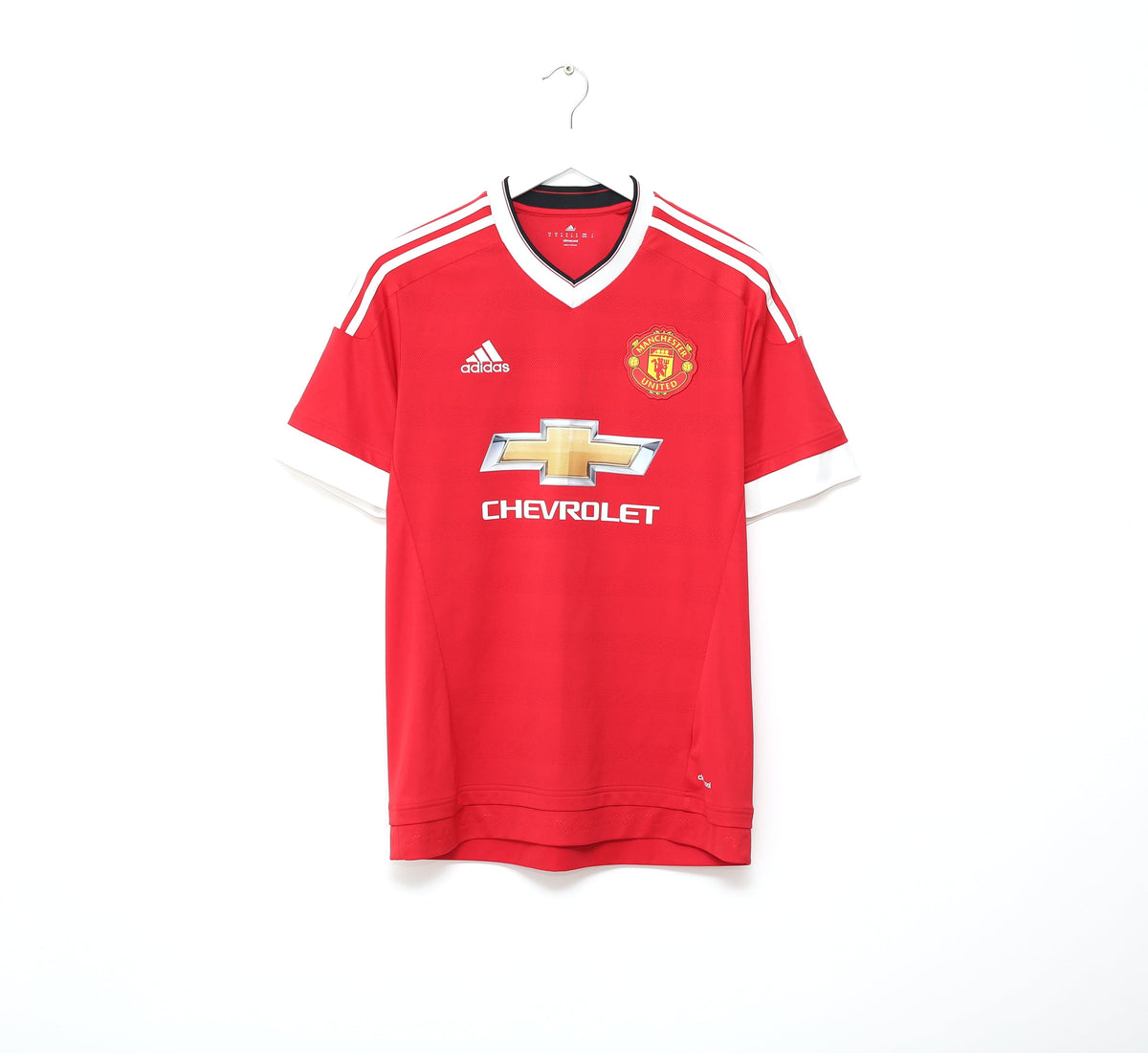 2015/16 Manchester United adidas home football shirt in red with white collar and Chevrolet sponsor