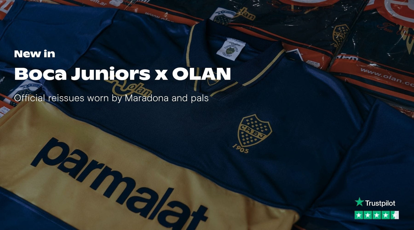 A close-up of a Boca Juniors x OLAN soccer jersey in navy blue and gold, with the large 'parmalat' sponsor logo across the front. White text on the left reads 'New in Boca Juniors x OLAN' and 'Official reissues worn by Maradona and pals.