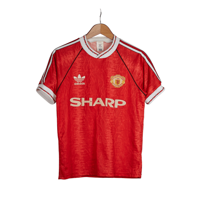 1990/92 Manchester United adidas home football shirt in red with white collar and Sharp sponsor
