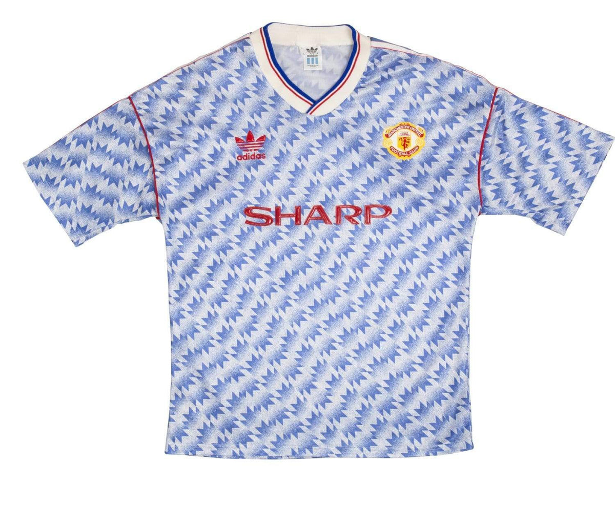 1990/92 Manchester United adidas away football shirt in white with blue snowflake speckle pattern