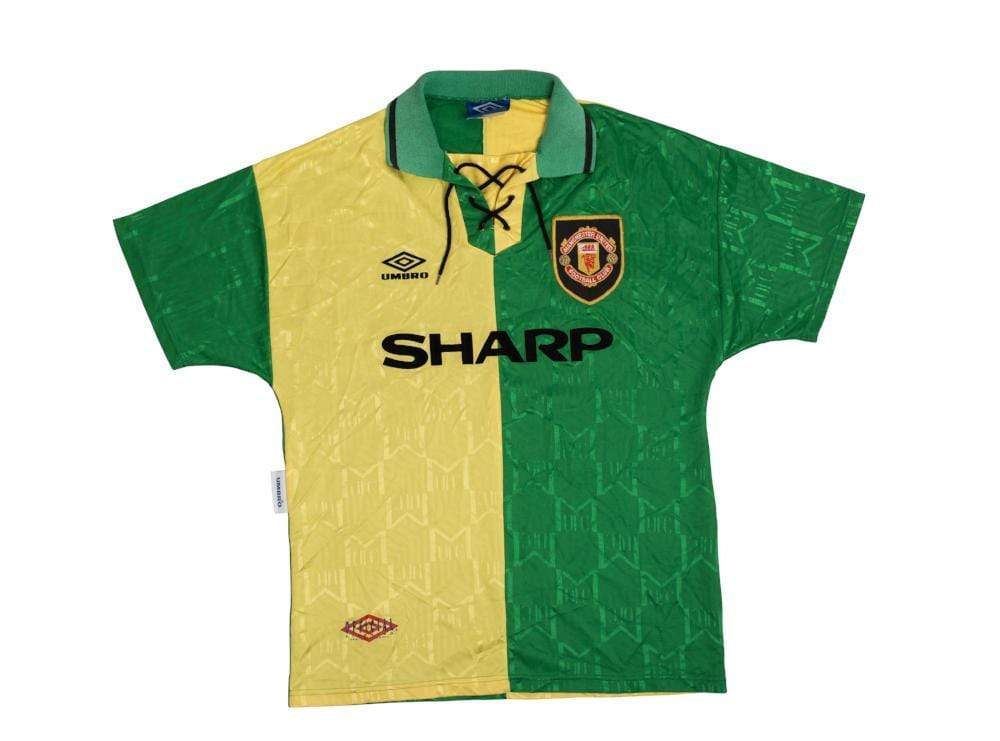 1992/94 Manchester United Umbro Newton Heath third football shirt in green and gold halves