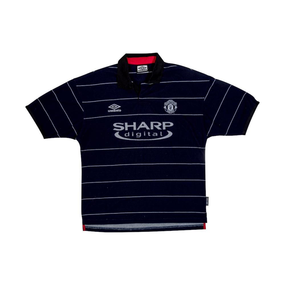 1999/00 Manchester United Umbro away football shirt in navy with pinstripes