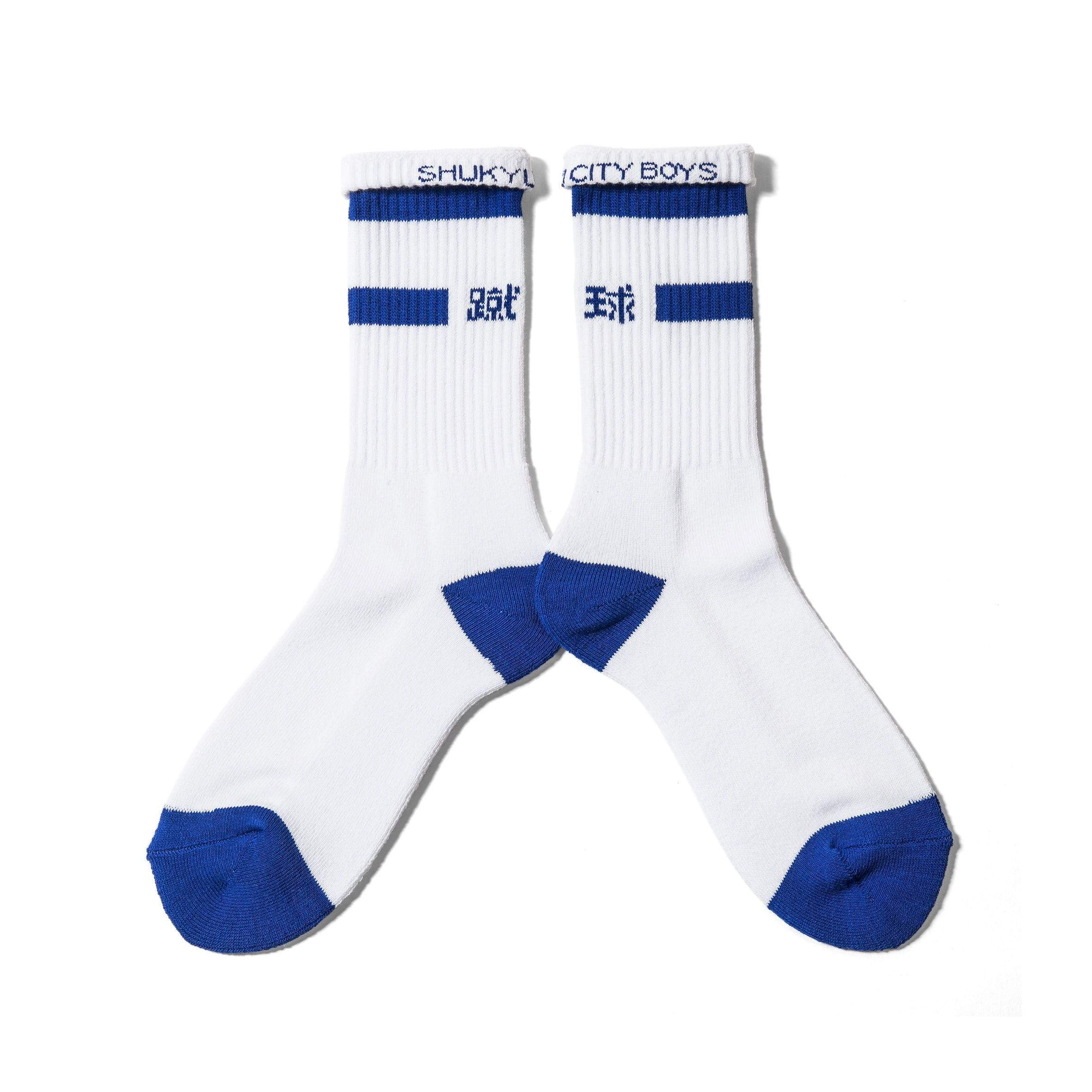 SHUKYU MAGAZINE × CITY BOYS FC “SHUKYU” SOCKS / WHT × BLUE - Football Shirt Collective