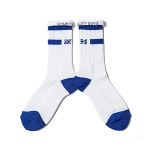 SHUKYU MAGAZINE × CITY BOYS FC “SHUKYU” SOCKS / WHT × BLUE - Football Shirt Collective